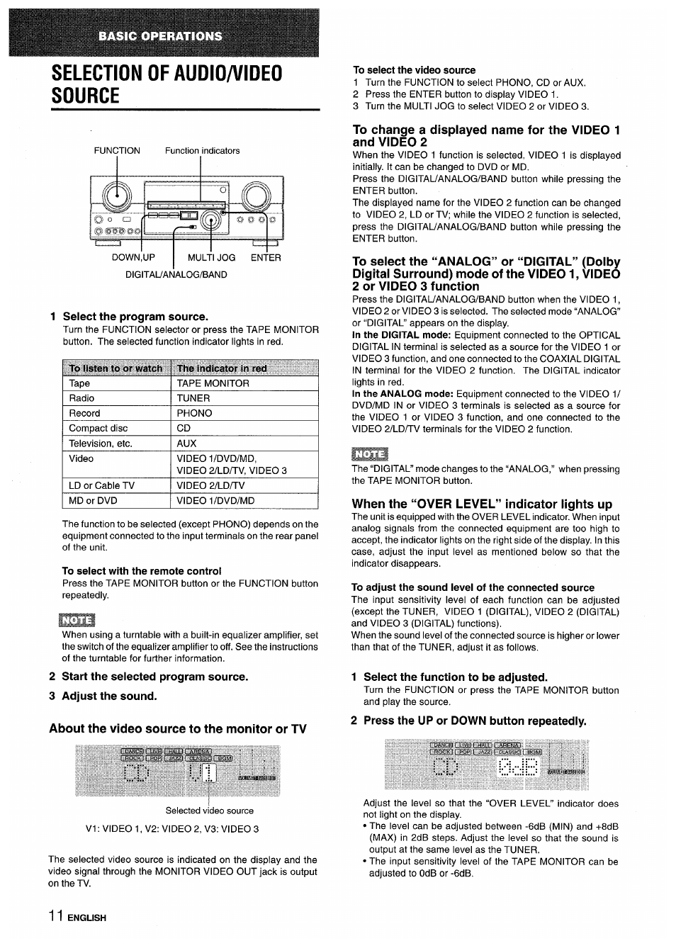 Selection of audio/video source, To select with the remote control, About the video source to the monitor or tv | To select the video source, When the “over level” indicator lights up, To adjust the sound level of the connected source | Sony AV-DV75 User Manual | Page 12 / 72