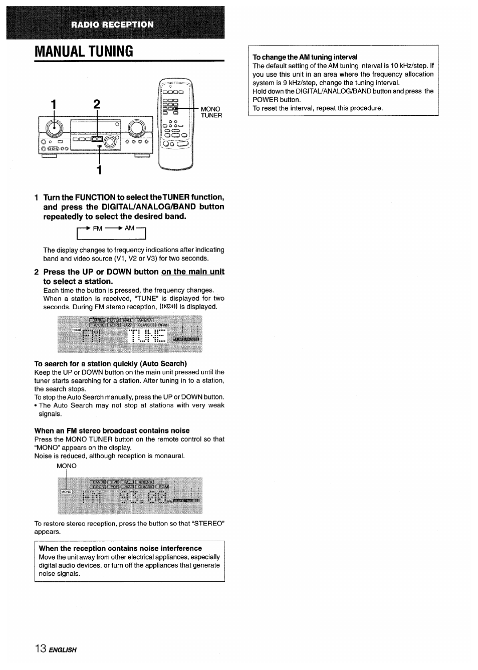 Manual tuning, To change the am tuning interval, To search for a station quickly (auto search) | When an fm stereo broadcast contains noise, When the reception contains noise interference, Manualtuning | Sony AV-DV75 User Manual | Page 14 / 72