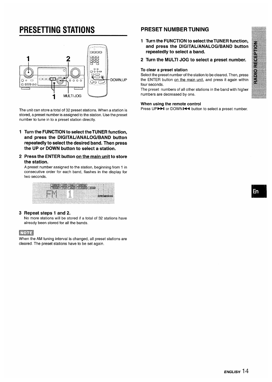 To clear a preset station, When using the remote control, Presehing stations | Preset number tuning | Sony AV-DV75 User Manual | Page 15 / 72