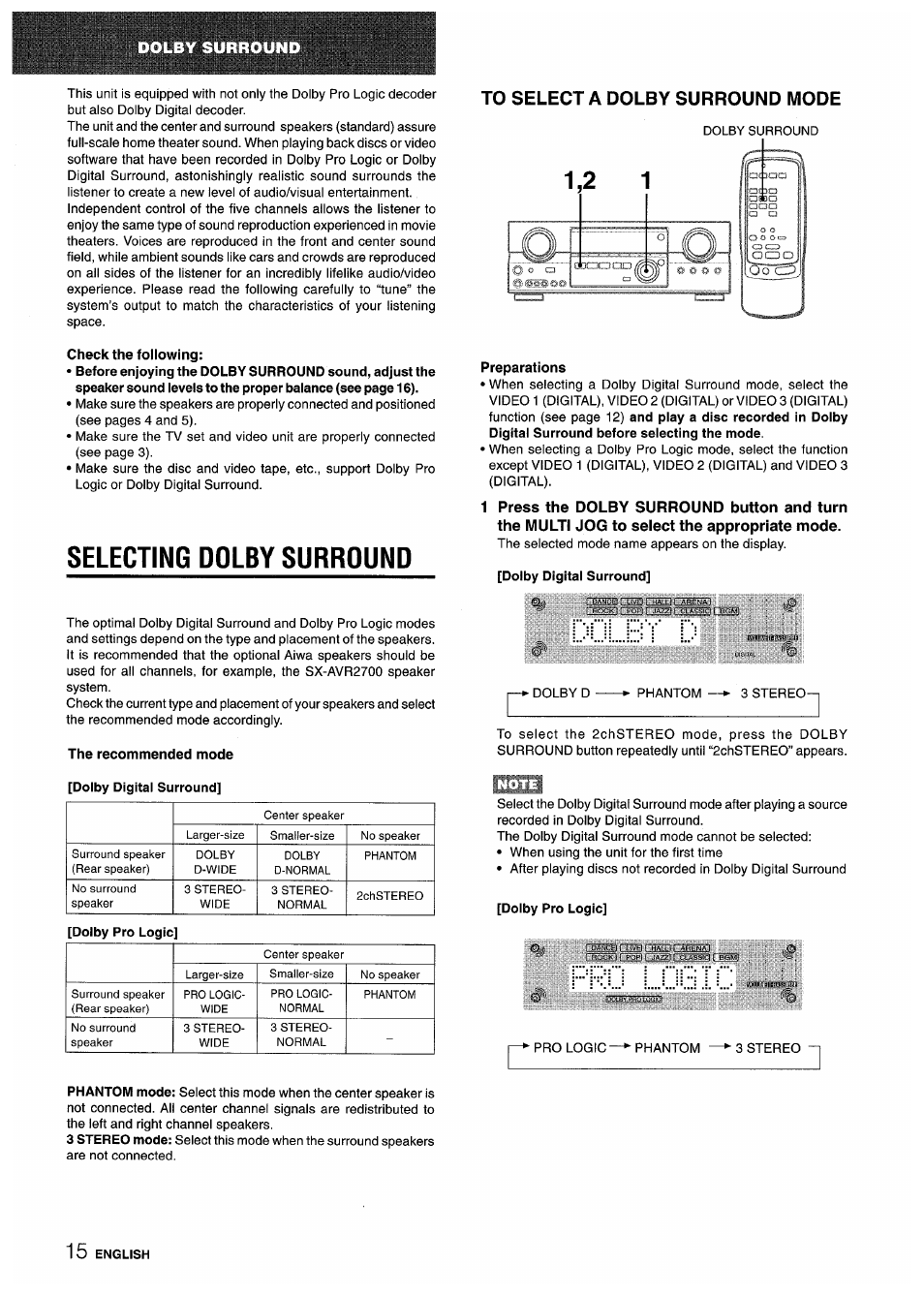 To select a dolby surround mode, Check the following, Selecting dolby surround | Preparations, Dolby digital surround, The recommended mode, Dolby pro logic | Sony AV-DV75 User Manual | Page 16 / 72