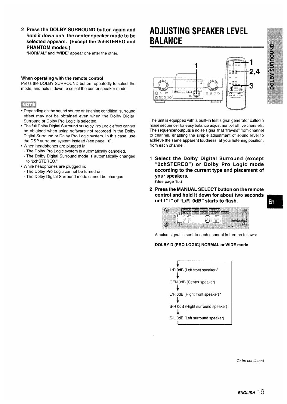 When operating with the remote control, Adjusting speaker level balance, Adjusting speaker level balance £i | Sony AV-DV75 User Manual | Page 17 / 72