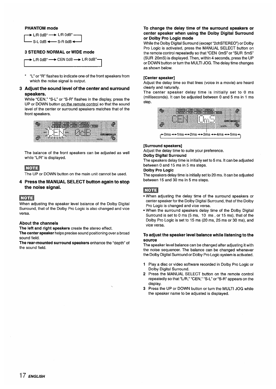 Phantom mode, 3 stereo normal or wide mode, About the channels | Center speaker, Surround speakers | Sony AV-DV75 User Manual | Page 18 / 72