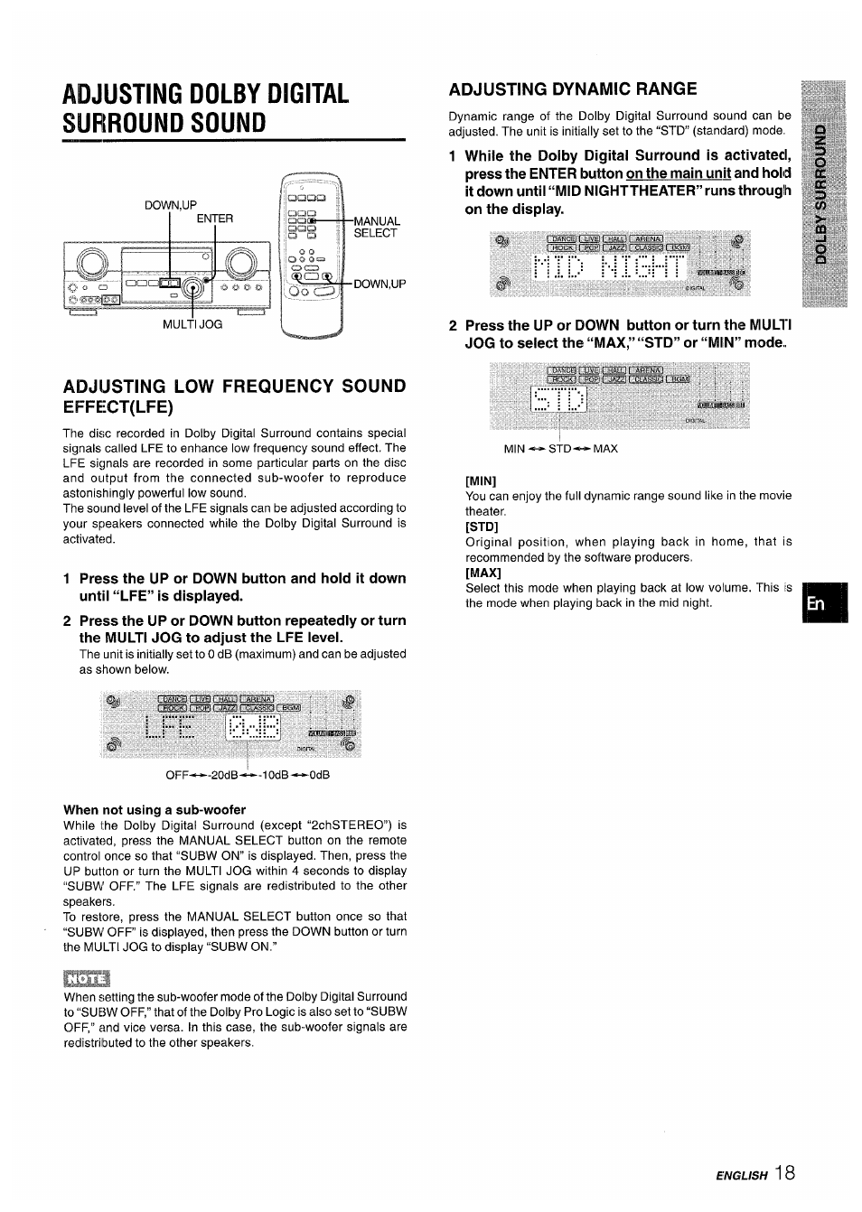 Adjusting dolby digital surround sound, Adjusting dynamic range, Adjusting low frequency sound effect(lfe) | When not using a sub-woofer, L j i | Sony AV-DV75 User Manual | Page 19 / 72