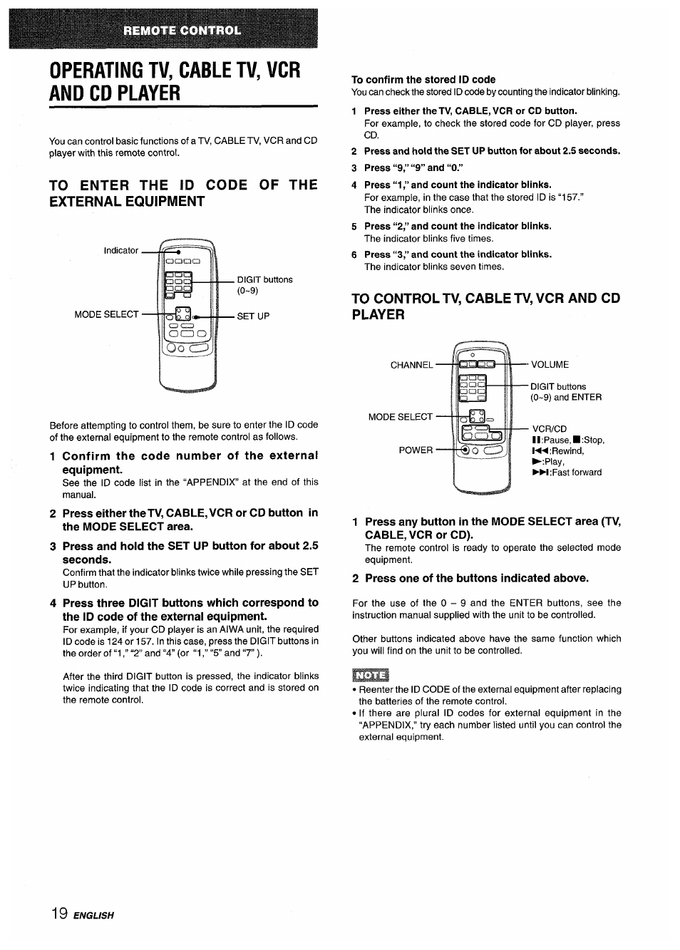 Operating tv, cable tv, vcr and cd player, To enter the id code of the external equipment, 1 press either the tv, cable, vcr or cd button | 3 press “9,” “9” and “0, 4 press “1,” and count the indicator blinks, 5 press “2,” and count the indicator blinks, 6 press “3,” and count the indicator blinks, To control tv, cable tv, vcr and cd player | Sony AV-DV75 User Manual | Page 20 / 72