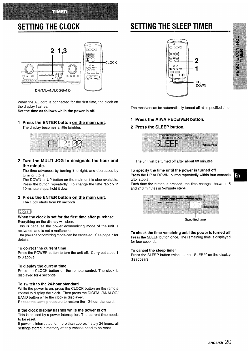 Sehing the sleep timer, 1 press the enter button on the main unit, 1 press the aiwa receiver button | 2 press the sl.eep button, 3 press the enter button on the main unit, To specify the time until the power is turned off, To correct the current time, To display the current time, To switch to the 24-hour standard, To cancel the sleep timer | Sony AV-DV75 User Manual | Page 21 / 72