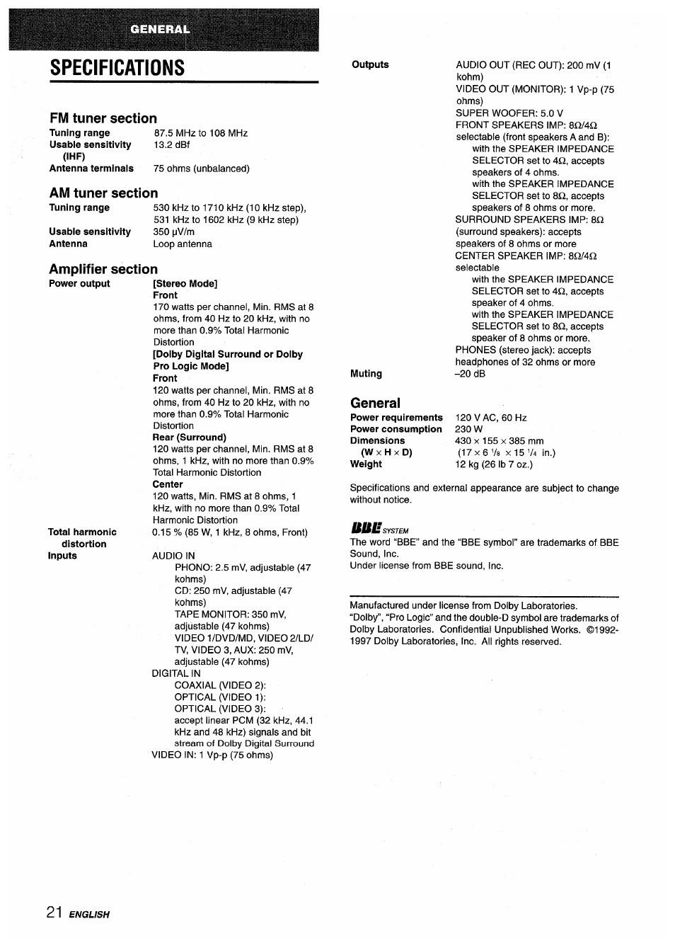 Specifications, Fm tuner section, Ihf) | Am tuner section, Amplifier section, General | Sony AV-DV75 User Manual | Page 22 / 72