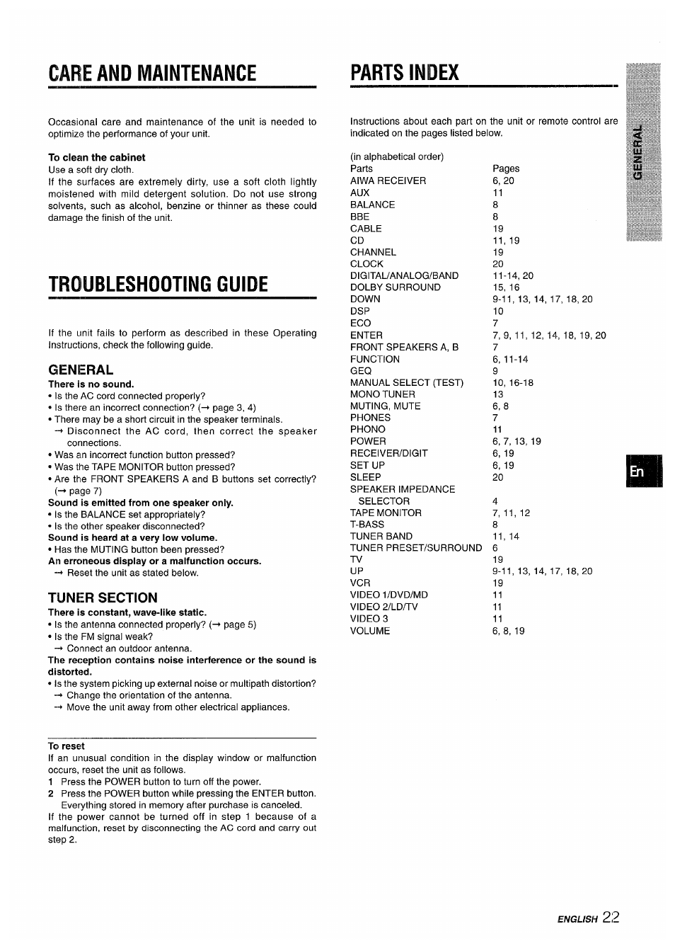 To clean the cabinet, Troubleshooting guide, General | Tuner section, To reset, Care and maintenance parts index | Sony AV-DV75 User Manual | Page 23 / 72