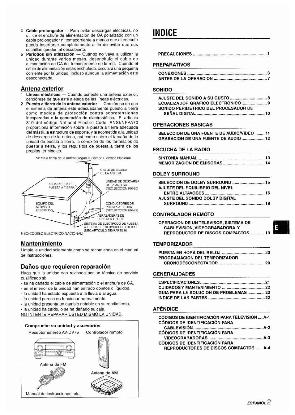 Antena exterior, Indice, Mantenimiento | Daños que requieren reparación | Sony AV-DV75 User Manual | Page 25 / 72