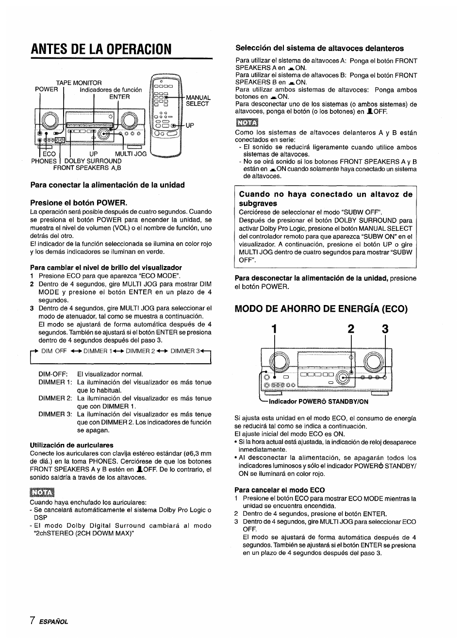 Antes de la operacion, Para cambiar el nivel de brillo del visuallzador, Utilización de auriculares | Modo de ahorro de energía (eco), Para cancelar el modo eco | Sony AV-DV75 User Manual | Page 30 / 72