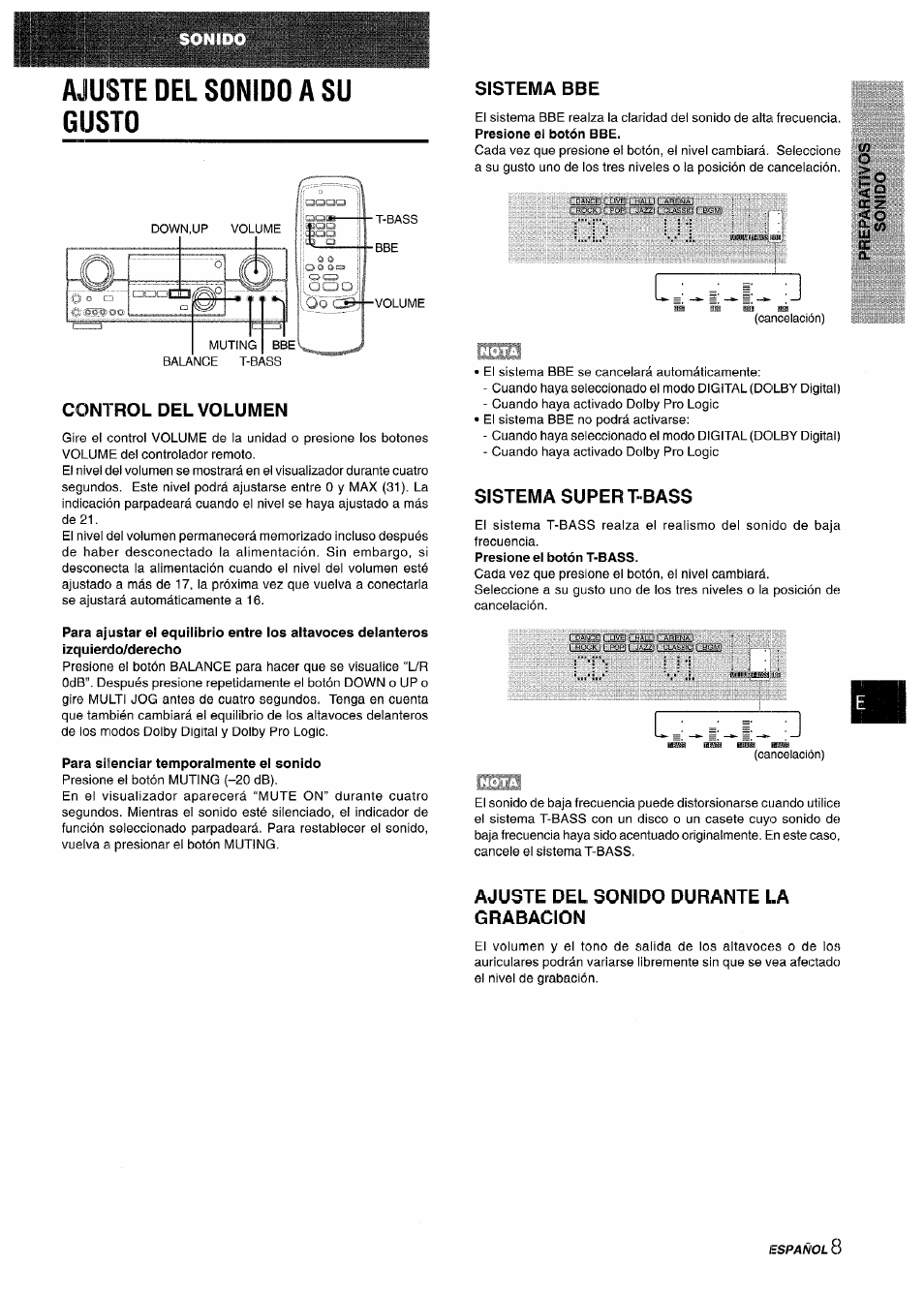 Ajuste del sonido a su gusto, Control del volumen, Para silenciar temporalmente el sonido | Sistema bbe, Sistema super t-bass, Ajuste del sonido durante la grabacion | Sony AV-DV75 User Manual | Page 31 / 72