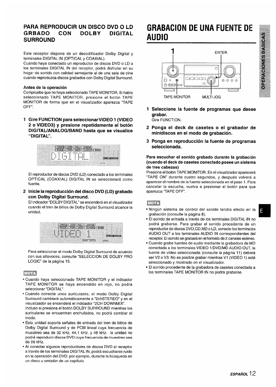 Antes de la operación, Grabacion de una fuente de audio | Sony AV-DV75 User Manual | Page 35 / 72