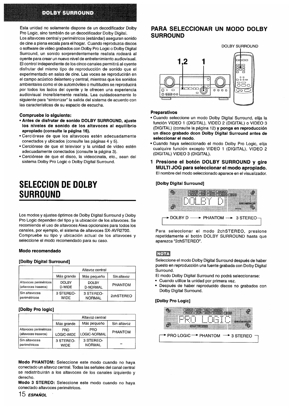 Compruebe lo siguiente, Seleccion de dolby surround, Para seleccionar un modo dolby surround | Preparativos, Dolby digital surround, Modo recomendado, Dolby pro logic | Sony AV-DV75 User Manual | Page 38 / 72