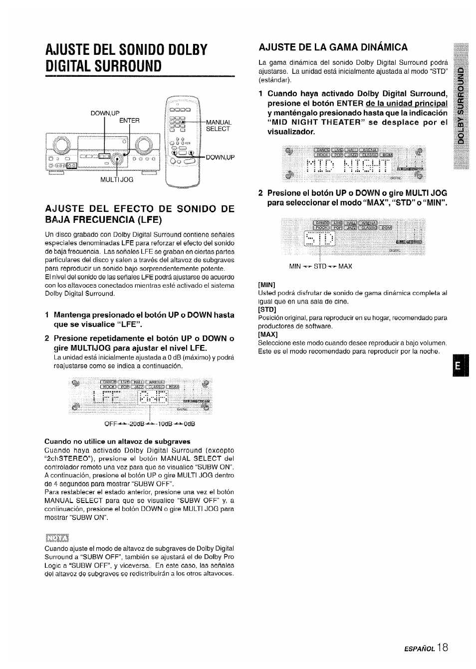 A.iuste del sonido dolby digital surround, Ajuste de la gama dinamica | Sony AV-DV75 User Manual | Page 41 / 72