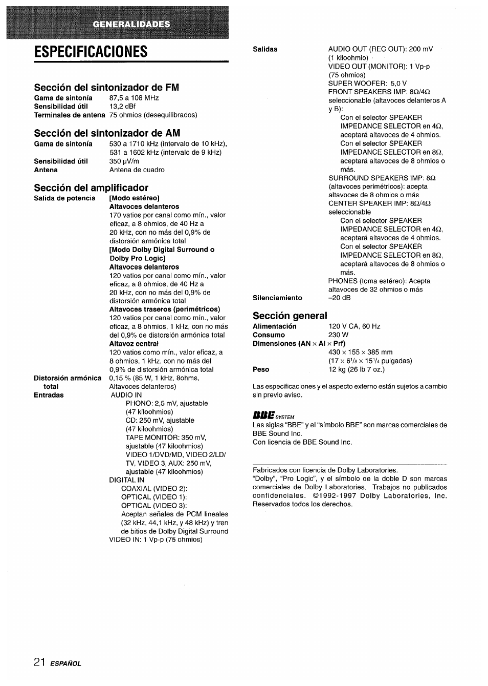 Especificaciones, Sección dei sintonizador de fm, Sección dei sintonizador de am | Sección del amplificador, Sección general | Sony AV-DV75 User Manual | Page 44 / 72