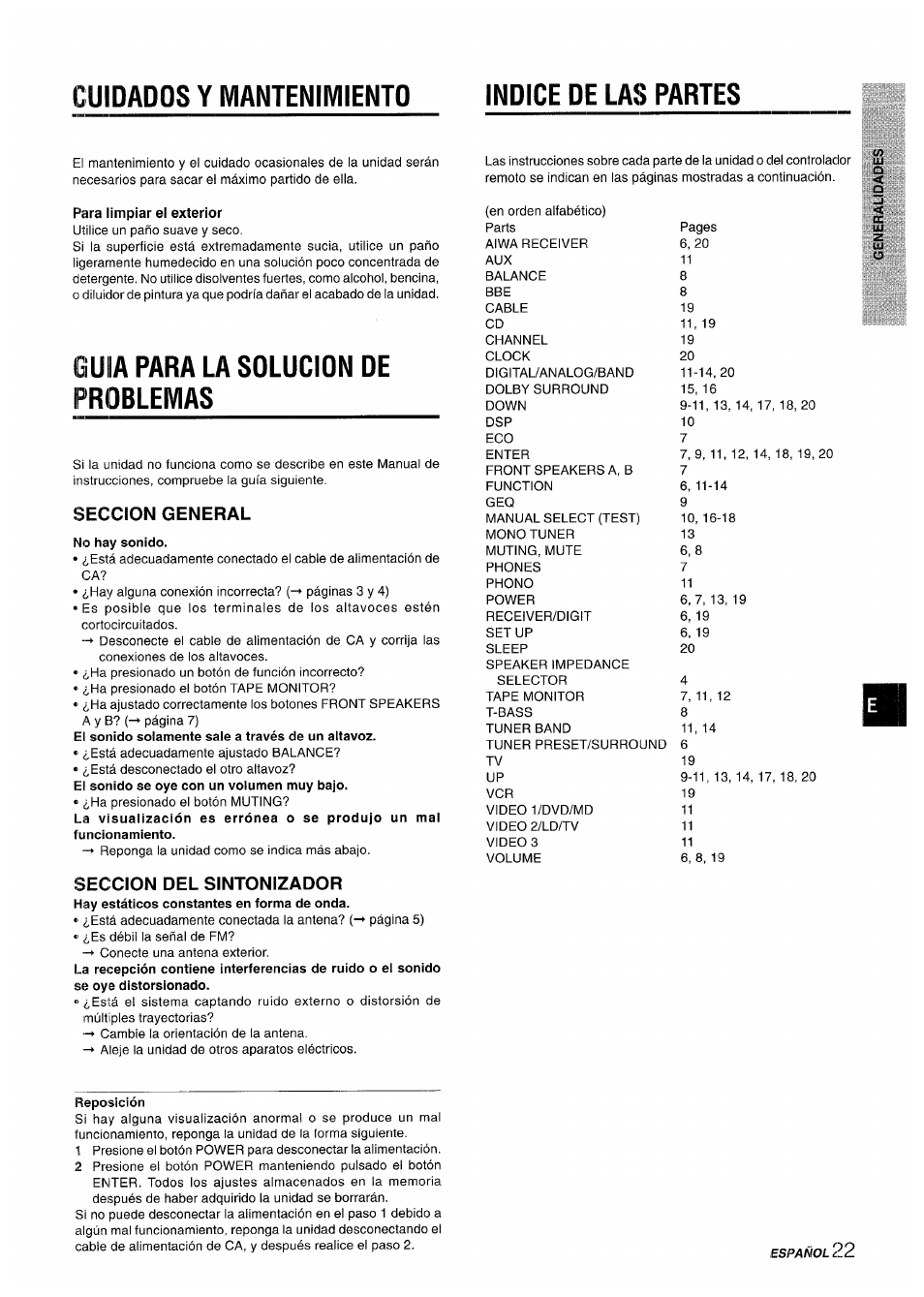 Cuidados y mantenimiento, Para limpiar ei exterior, Guia para la solucion de problemas | Seccion general, Seccion del sintonizador, Indice de las partes | Sony AV-DV75 User Manual | Page 45 / 72