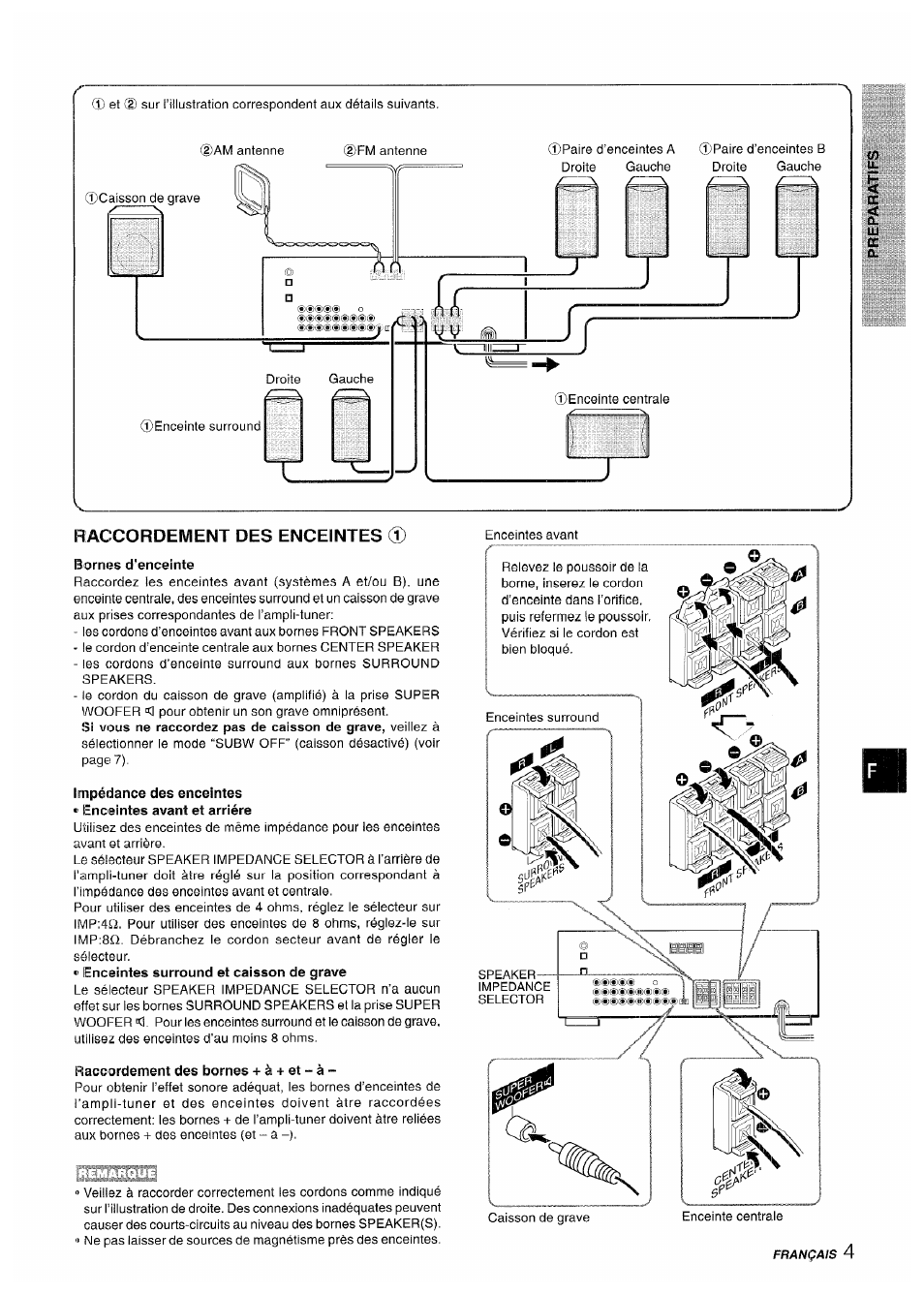 Bornes d’enceinte, Impédance des enceintes, Raccordement des bornes + à + et - à | L__j, Raccordement des enceintes (d | Sony AV-DV75 User Manual | Page 49 / 72