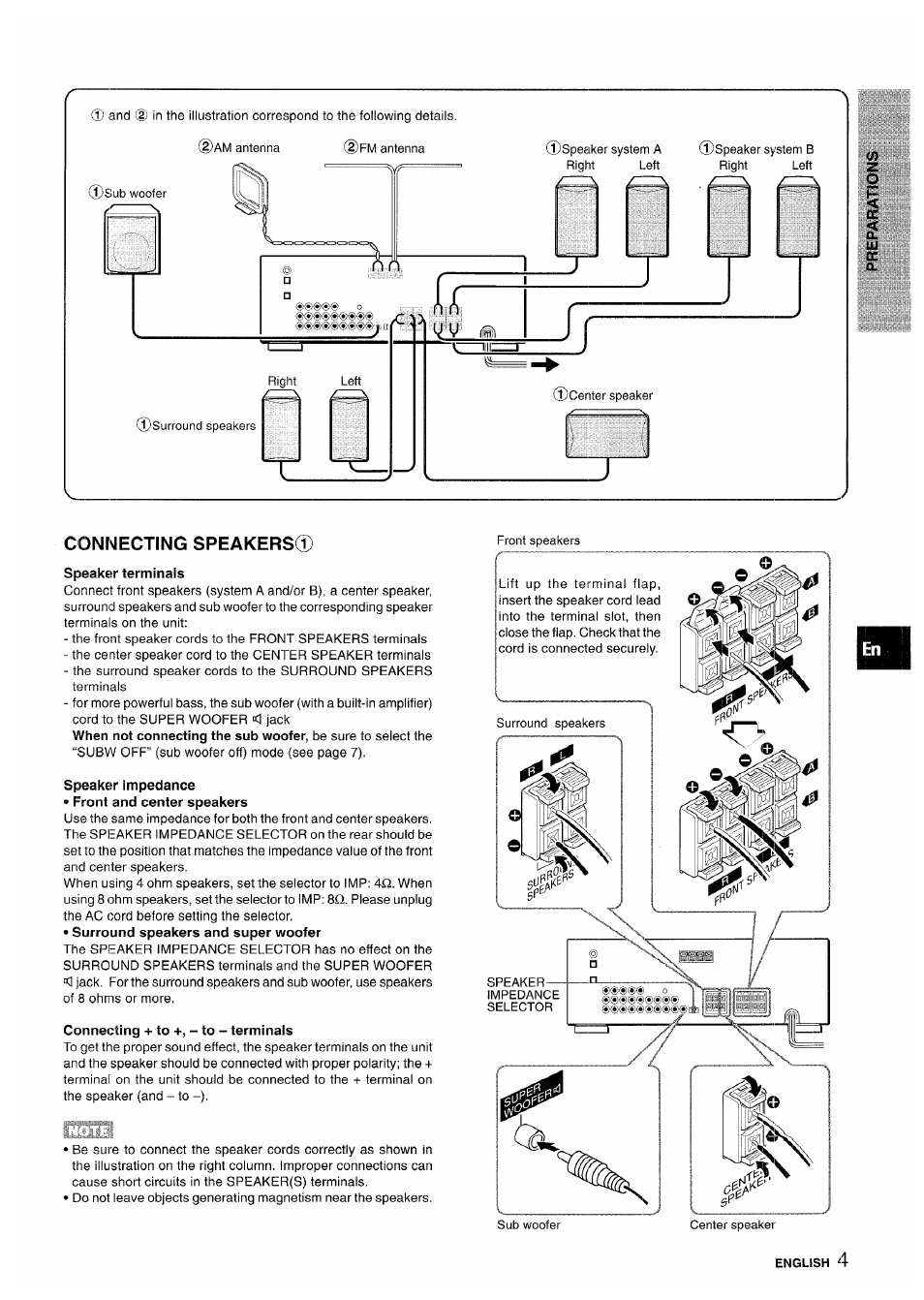 Connecting speakers, Speaker impedance | Sony AV-DV75 User Manual | Page 5 / 72