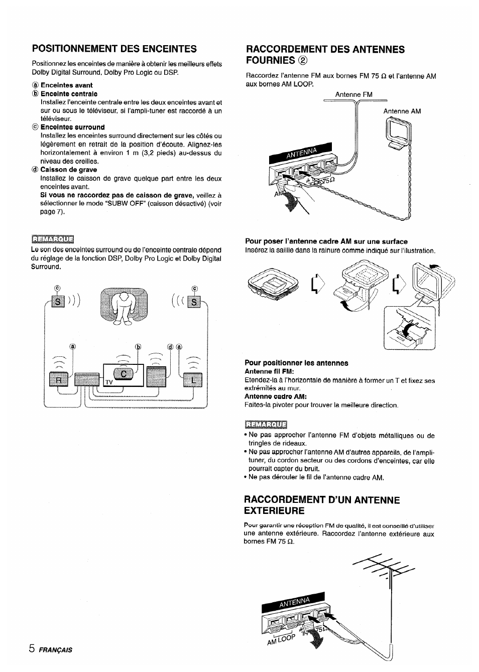 Positionnement des enceintes, Raccordement des antennes fournies, Pour poser l’antenne cadre am sur une surface | Raccordement d’un antenne exterieure | Sony AV-DV75 User Manual | Page 50 / 72