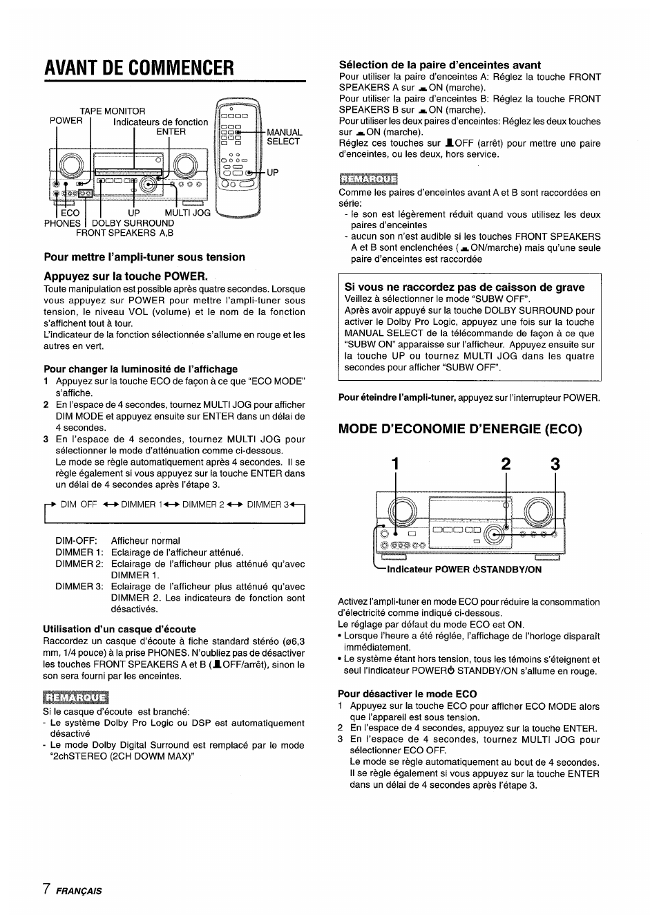 Avant de commencer, Pour mettre i’ampli-tuner sous tension, Appuyez sur la touche power | Pour changer la luminosité de i’affichage, Utilisation d’un casque d’écoute, Sélection de la paire d’enceintes avant, Mode d’economie d’energie (eco), Pour désactiver le mode eco | Sony AV-DV75 User Manual | Page 52 / 72