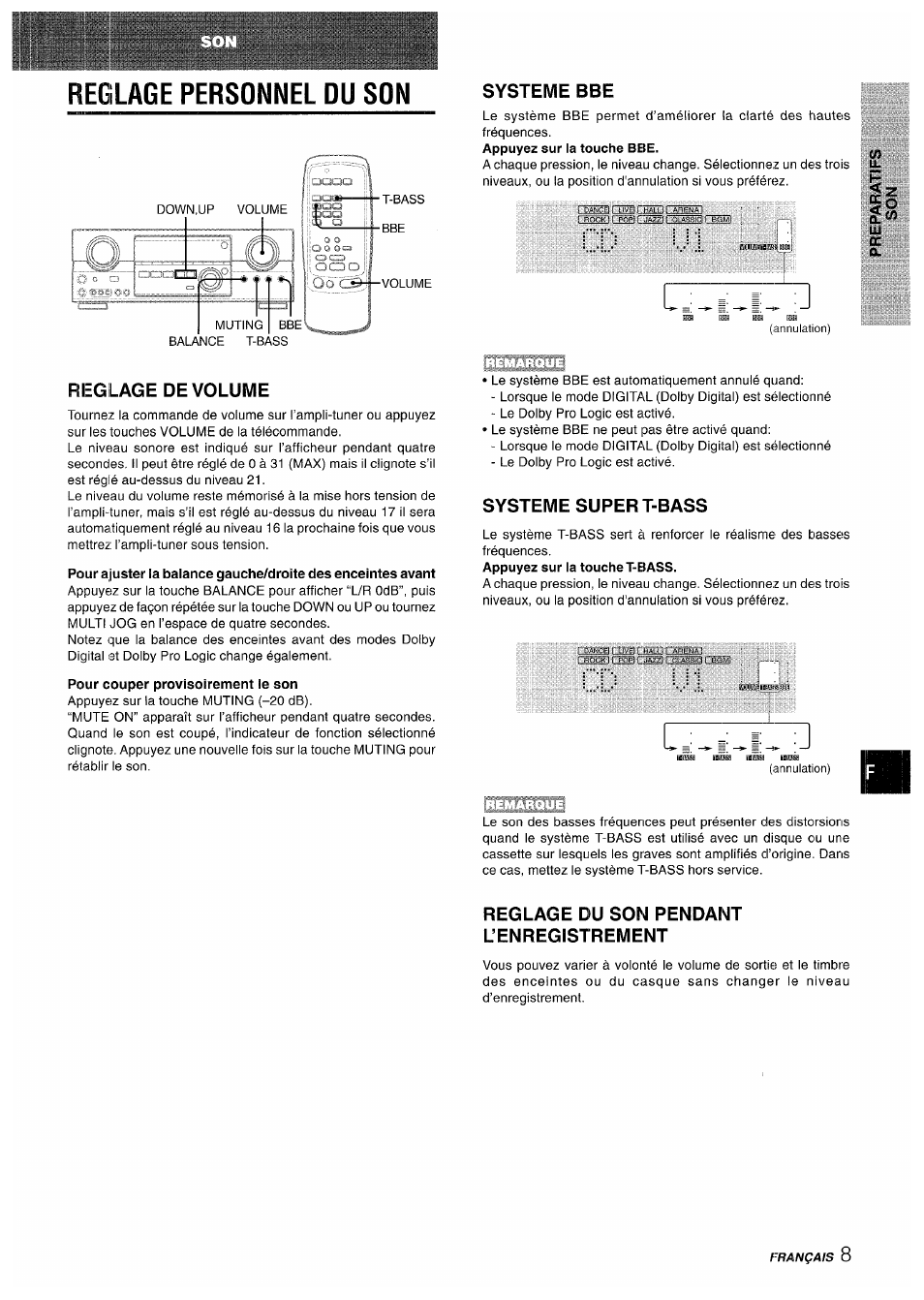 Reglage de volume, Pour couper provisoirement le son, Systeme bbe | Systeme super t-bass, Reglage du son pendant l’enregistrement, Reglage personnel du son | Sony AV-DV75 User Manual | Page 53 / 72