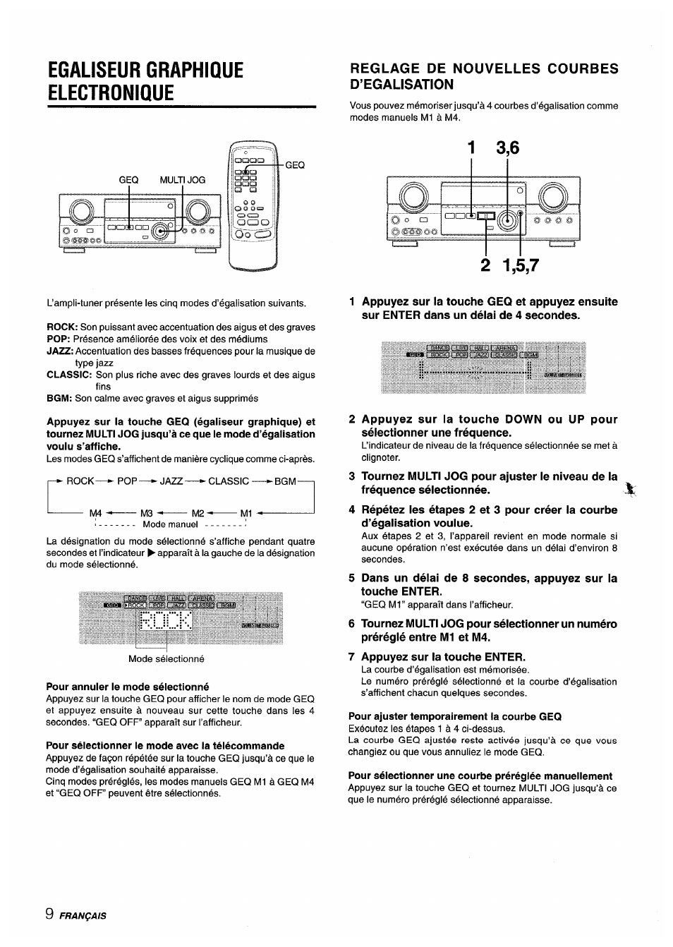 Egaliseur graphique electronique, Reglage de nouvelles courbes d’egalisation, Pour annuler le mode sélectionné | Pour sélectionner le mode avec la télécommande, Pour ajuster temporairement la courbe geq | Sony AV-DV75 User Manual | Page 54 / 72