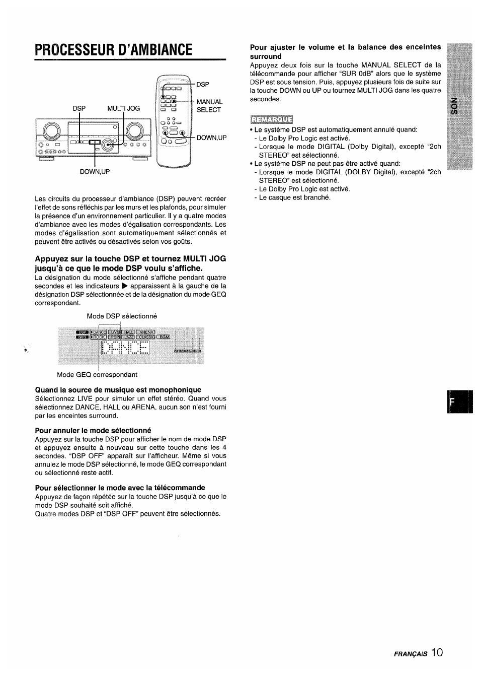 Processeur d’ambiance, Quand la source de musique est monophonique, Pour annuler le mode sélectionné | Pour sélectionner le mode avec la télécommande | Sony AV-DV75 User Manual | Page 55 / 72