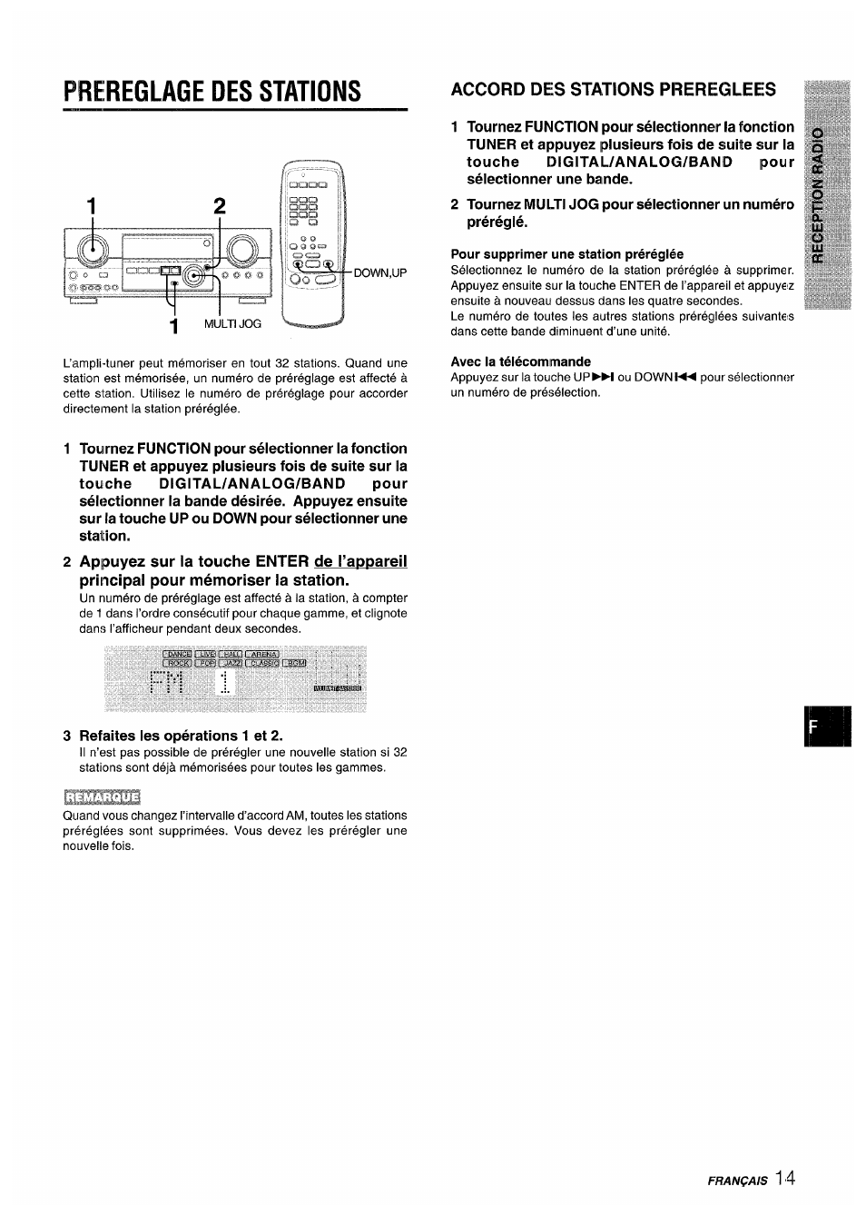 Prereglage des stations, Accord des stations prereglees, Pour supprimer une station préréglée | Avec la télécommande | Sony AV-DV75 User Manual | Page 59 / 72