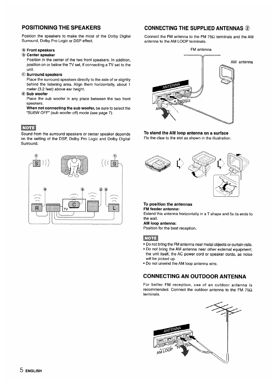 Connecting the supplied antennas (d, D) front speakers (b) center speaker, To stand the am loop antenna on a surface | To position the antennas fm feeder antenna, Connecting an outdoor antenna | Sony AV-DV75 User Manual | Page 6 / 72