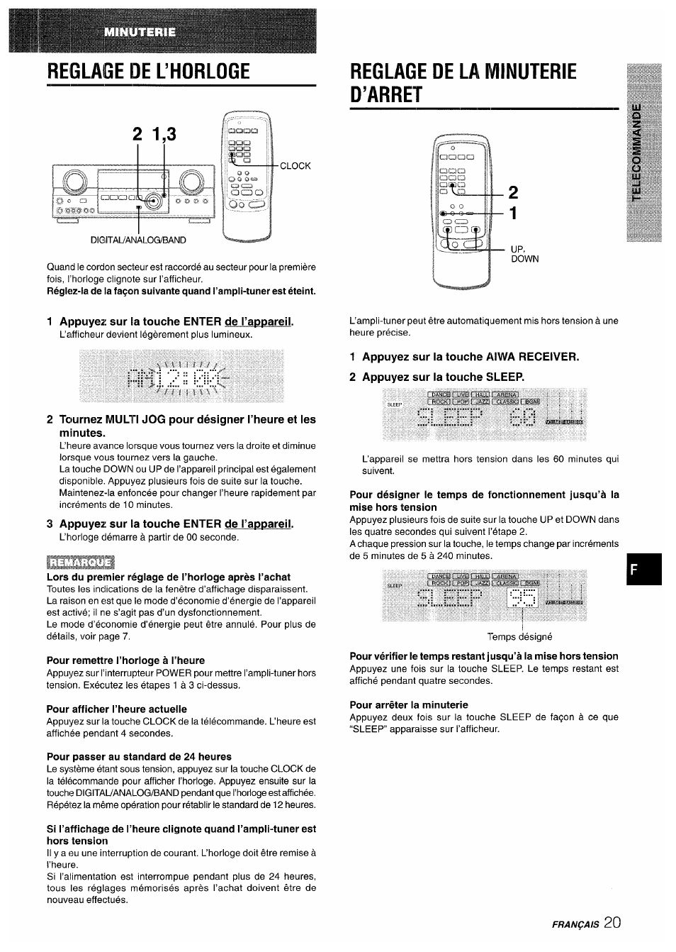 Reglage de l’horloge, Reglage de la minuterie d’arret, 1 appuyez sur la touche aiwa receiver | 2 appuyez sur la touche sileep, 3 appuyez sur la touche enter de l’appareil, Lors du premier réglage de l’horloge après l’achat, Pour remettre l’horloge à l’heure, Pour afficher l’heure actuelle, Pour passer au standard de 24 heures, Pour arrêter la minuterie | Sony AV-DV75 User Manual | Page 65 / 72