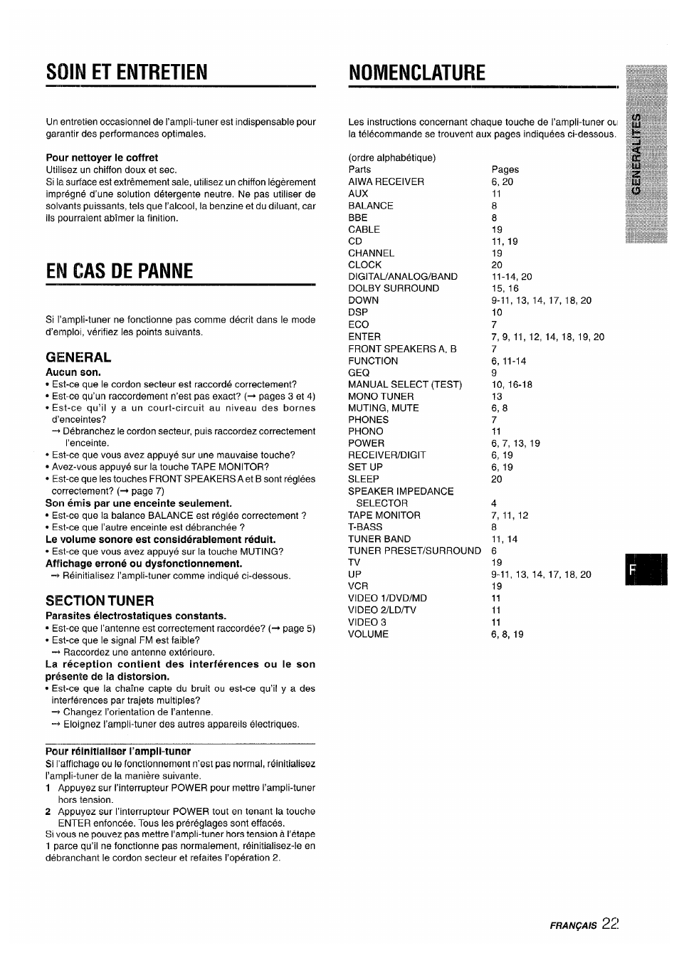 Pour ruîuoyer le coffret, Eu cas de panne, General | Section tuner, Pour réinitialiser l’ampli-tuner, En cas depanne, Cas de panne, Soin et entretien nomenclature | Sony AV-DV75 User Manual | Page 67 / 72