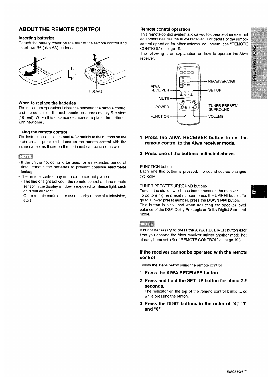 About the remote control, Inserting batteries, When to replace the batteries | Using the remote control, Remote control operation, 2 press one of the buttons indicated above, 1 press the aiwa receiver button | Sony AV-DV75 User Manual | Page 7 / 72