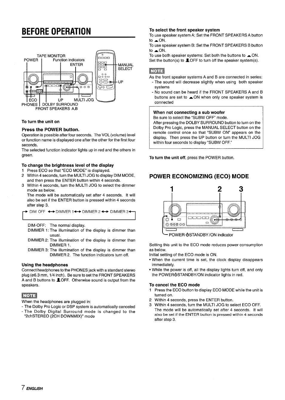 Before operation, To turn the unit on press the power button, To change the brightness ievel of the display | Using the headphones, To select the front speaker system, Power economizing (eco) mode, To cancei the eco mode | Sony AV-DV75 User Manual | Page 8 / 72