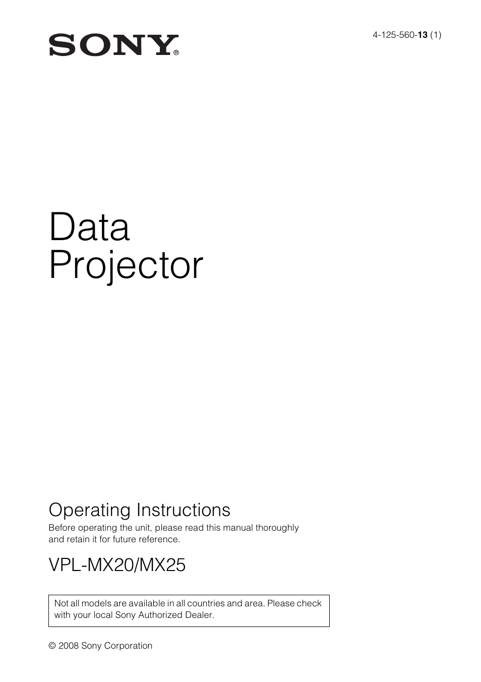 Sony Data Projector VPL-MX20 User Manual | 68 pages