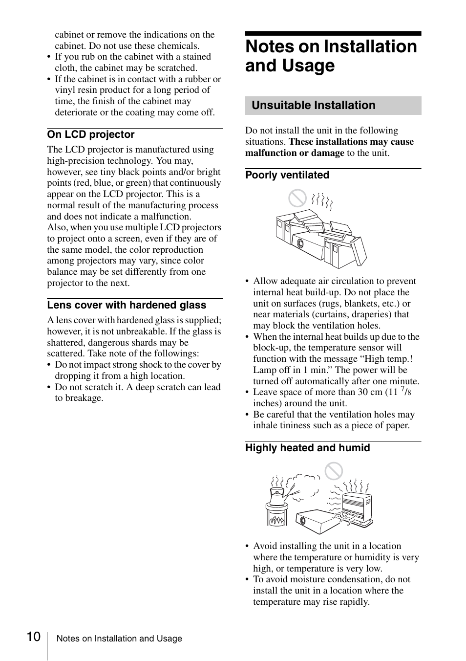 Notes on installation and usage, Unsuitable installation | Sony Data Projector VPL-MX20 User Manual | Page 10 / 68