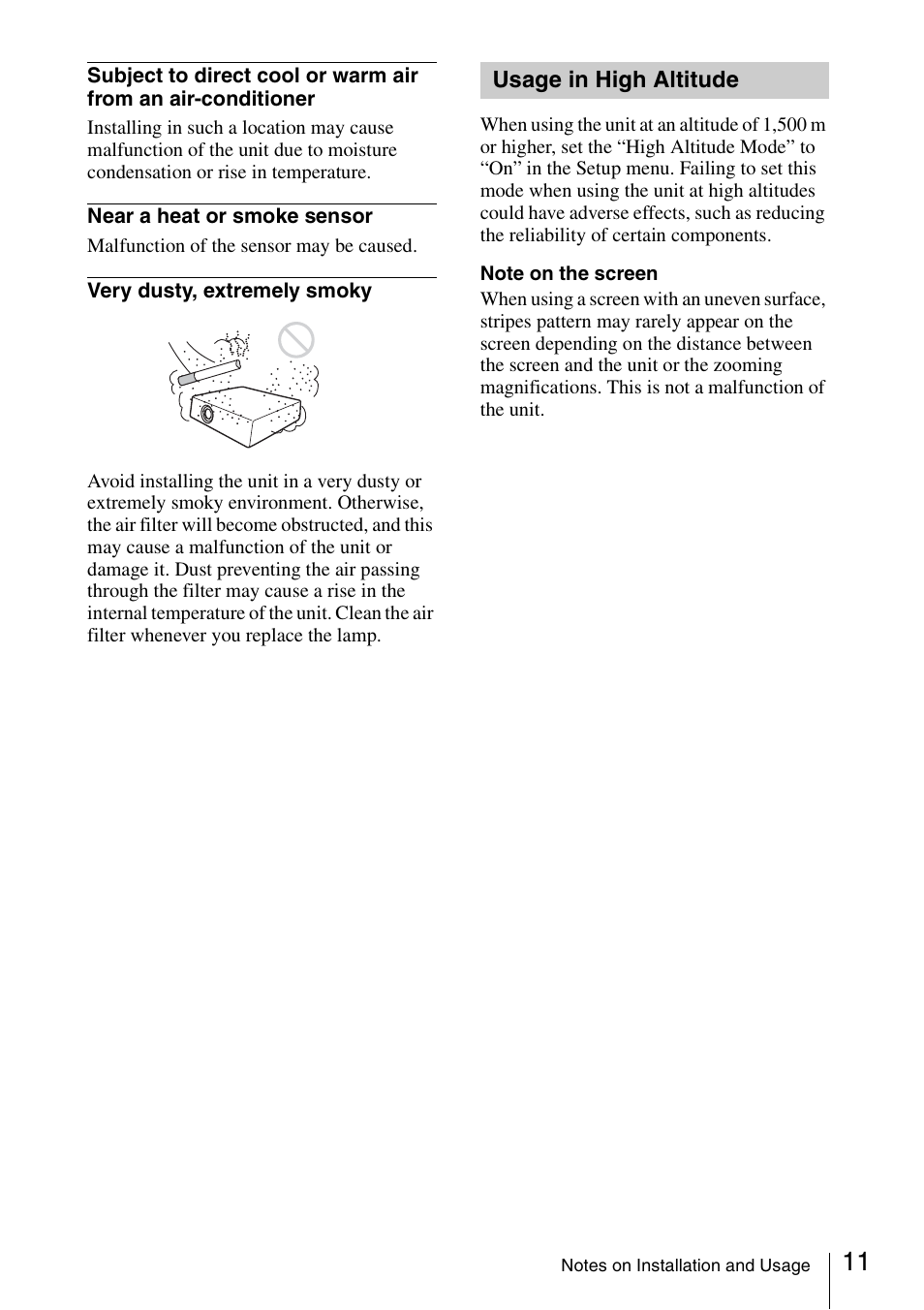 Usage in high altitude | Sony Data Projector VPL-MX20 User Manual | Page 11 / 68