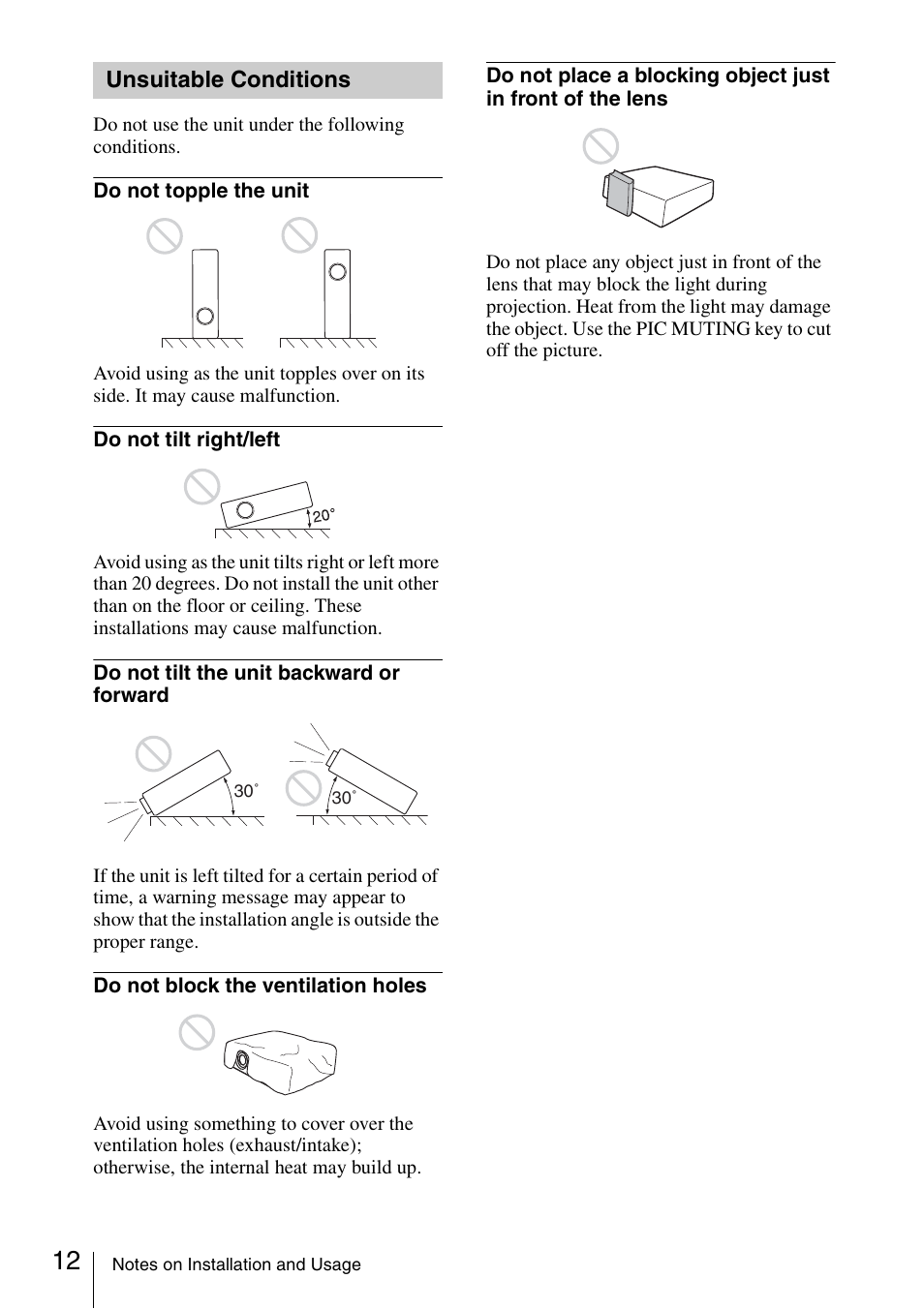 Unsuitable conditions | Sony Data Projector VPL-MX20 User Manual | Page 12 / 68