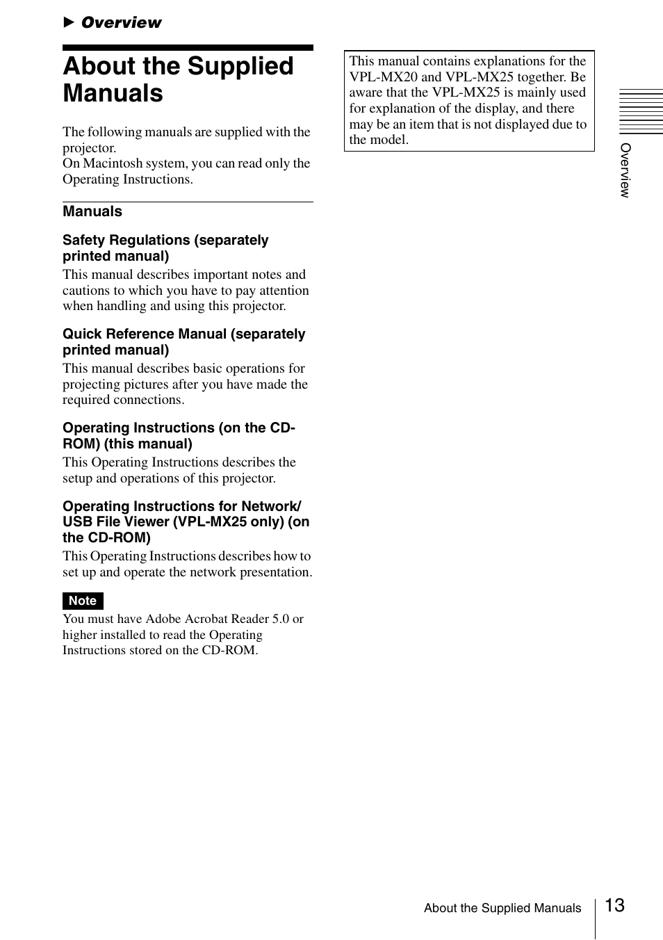 Overview, About the supplied manuals | Sony Data Projector VPL-MX20 User Manual | Page 13 / 68