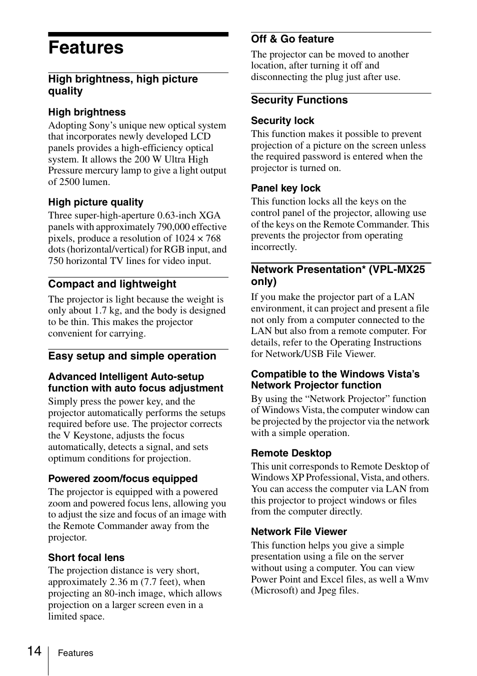 Features | Sony Data Projector VPL-MX20 User Manual | Page 14 / 68