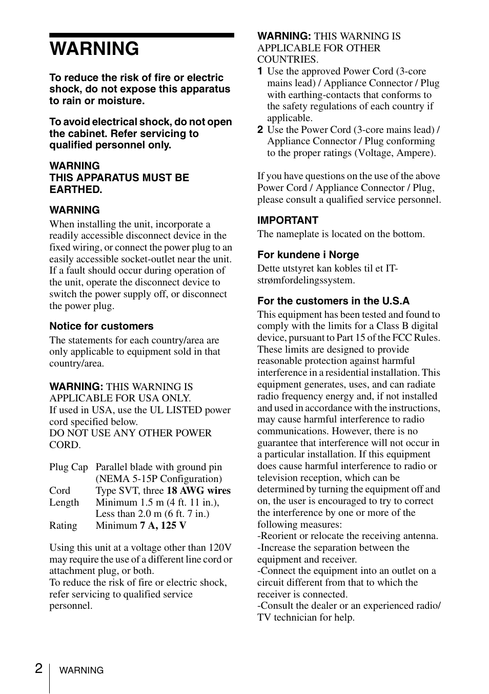 Warning | Sony Data Projector VPL-MX20 User Manual | Page 2 / 68