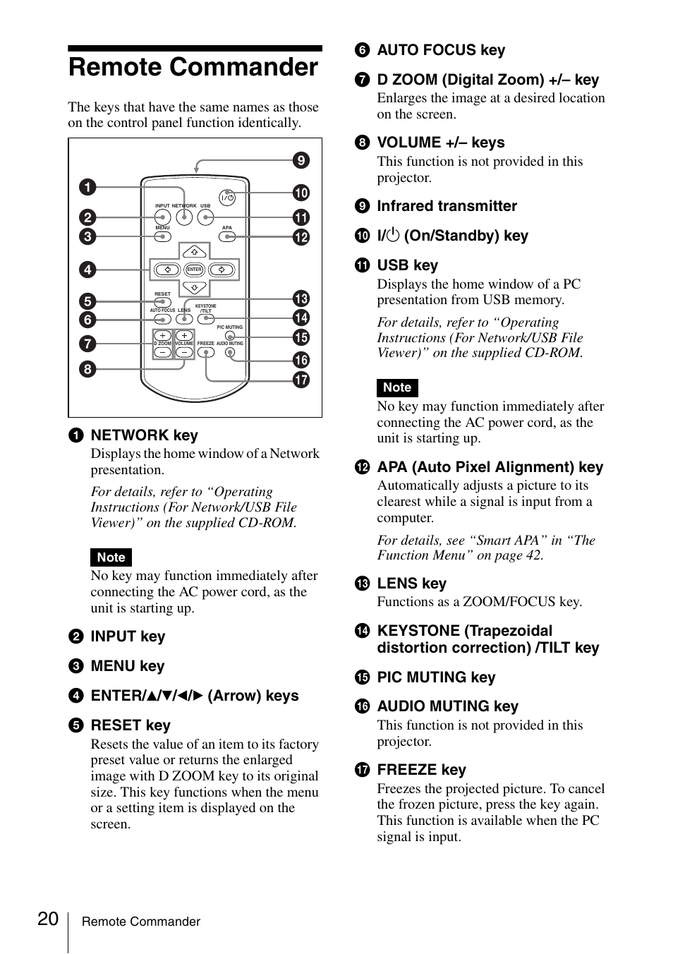 Remote commander | Sony Data Projector VPL-MX20 User Manual | Page 20 / 68