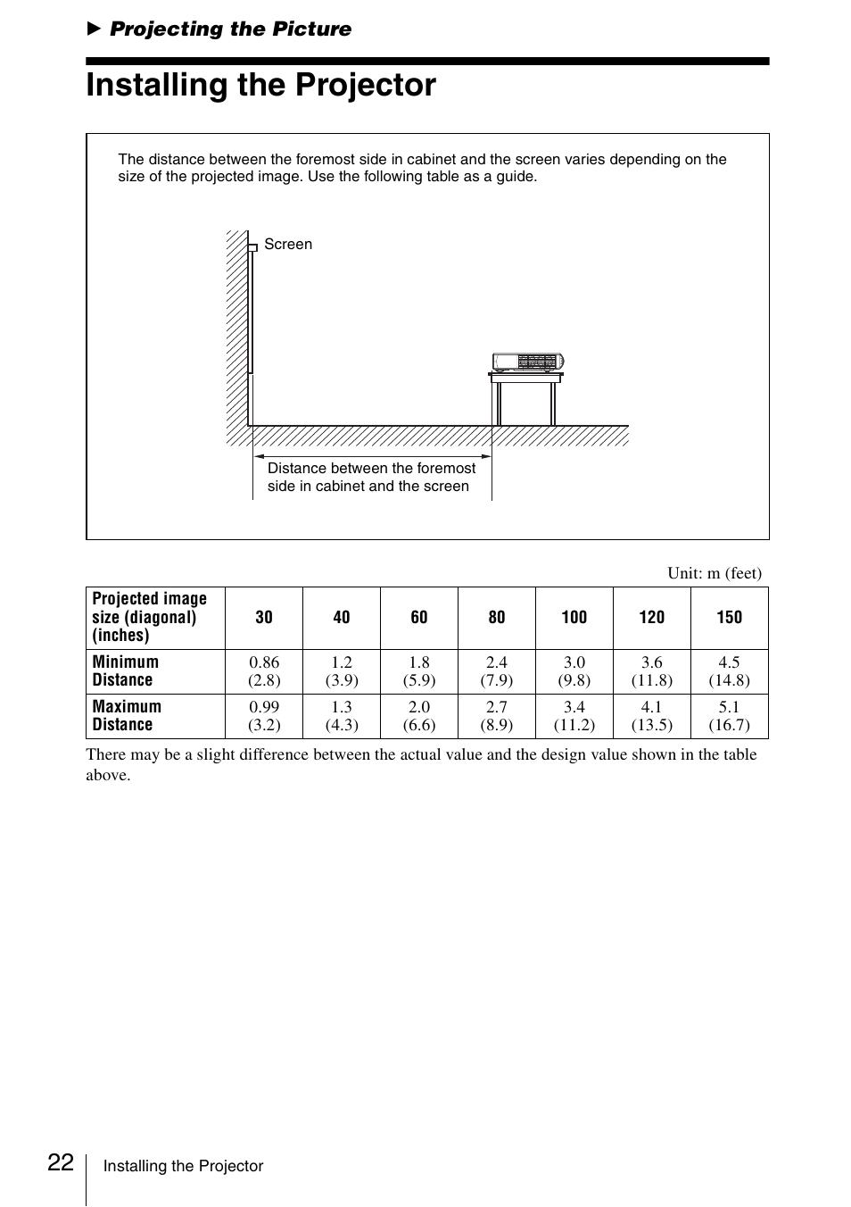 Projecting the picture, Installing the projector | Sony Data Projector VPL-MX20 User Manual | Page 22 / 68