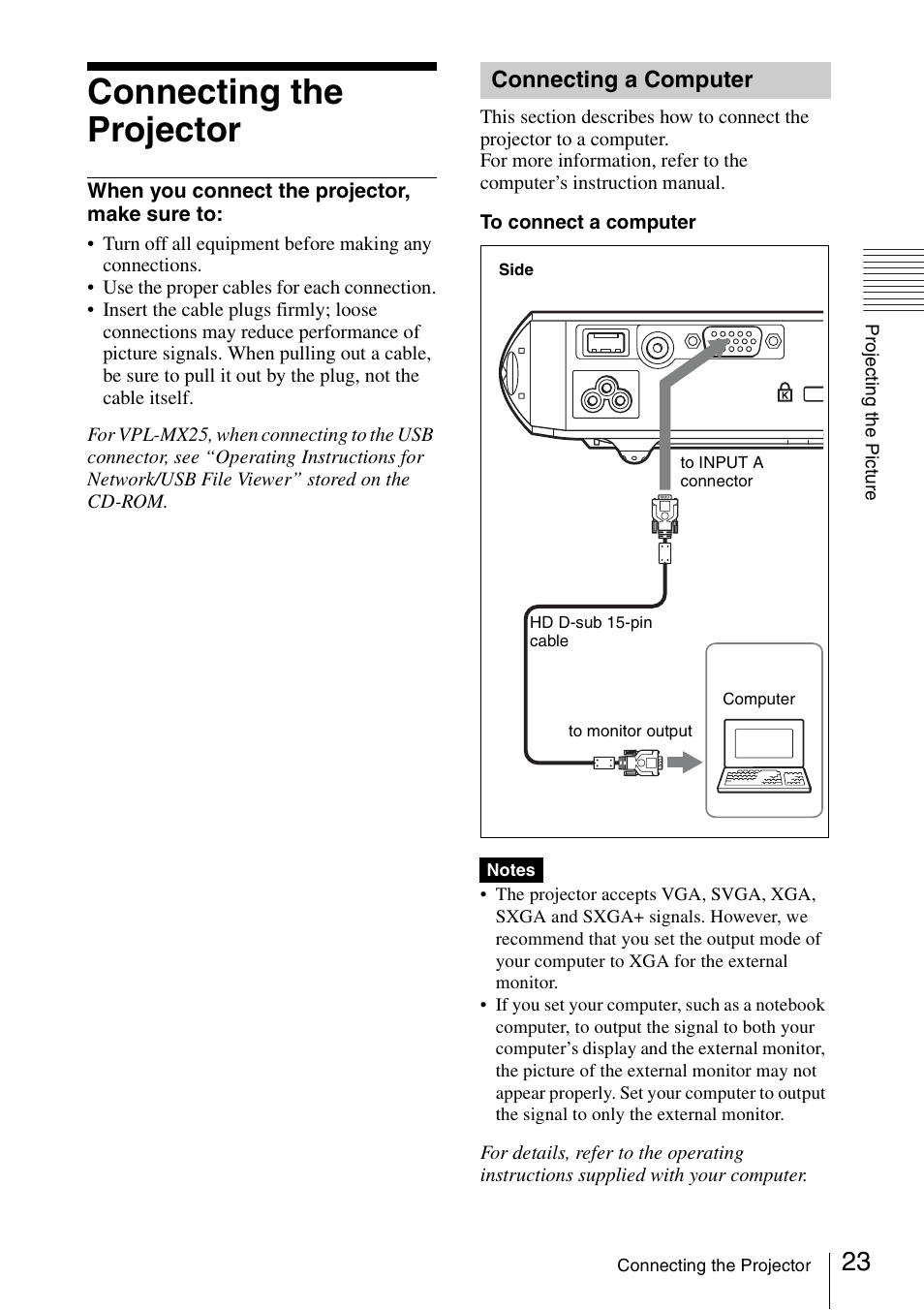 Connecting the projector, Connecting a computer | Sony Data Projector VPL-MX20 User Manual | Page 23 / 68