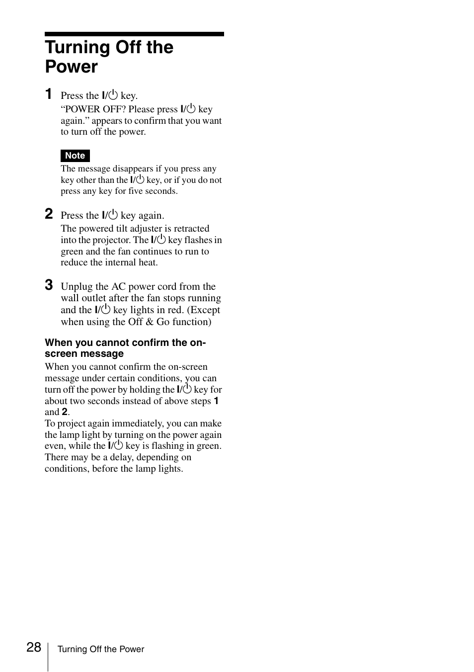 Turning off the power | Sony Data Projector VPL-MX20 User Manual | Page 28 / 68