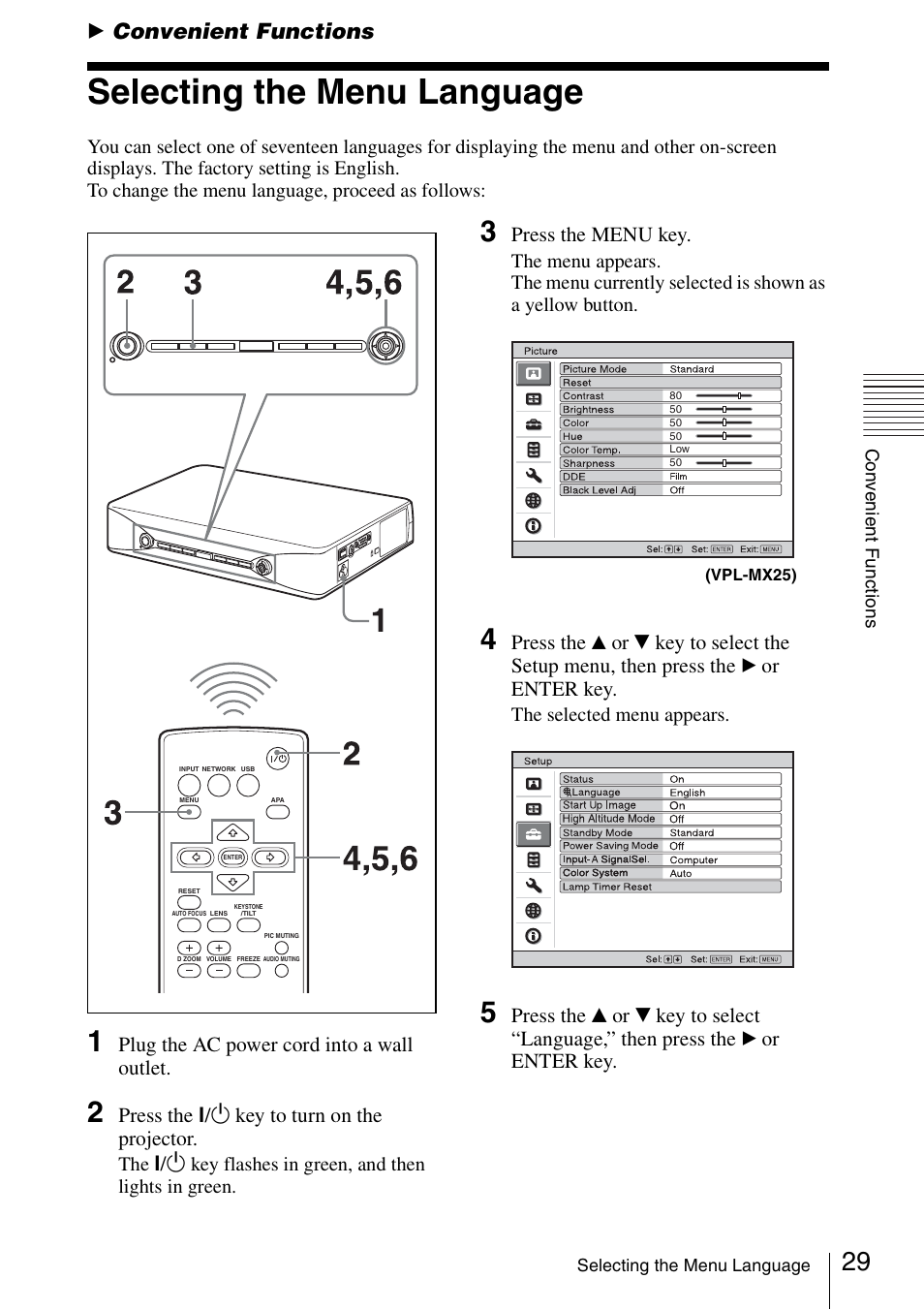 Convenient functions, Selecting the menu language, B convenient functions | Plug the ac power cord into a wall outlet, Press the ?/1 key to turn on the projector, Press the menu key, Press the, Or v key to select the setup menu, then press the, Or enter key | Sony Data Projector VPL-MX20 User Manual | Page 29 / 68