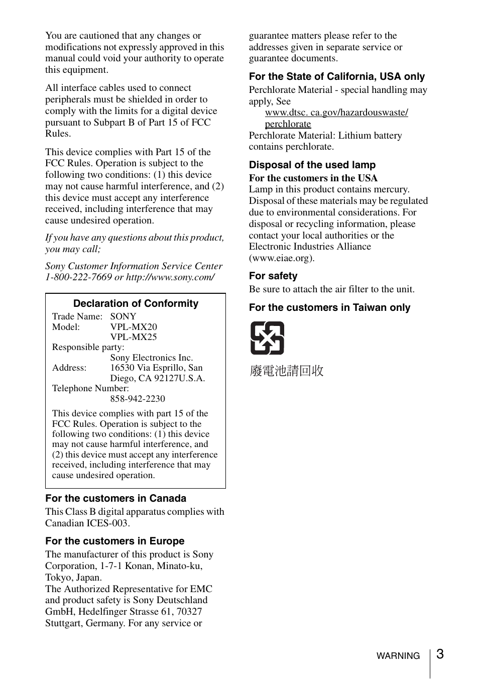 Sony Data Projector VPL-MX20 User Manual | Page 3 / 68