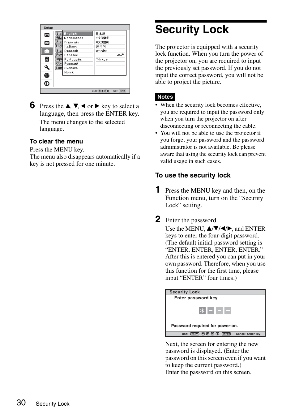 Security lock | Sony Data Projector VPL-MX20 User Manual | Page 30 / 68