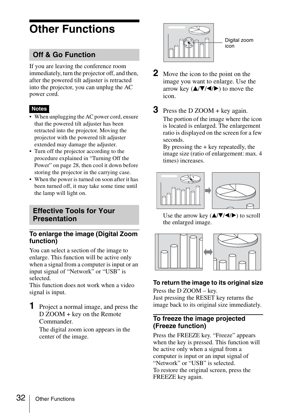 Other functions, Off & go function, Effective tools for your presentation | Effective tools for your, Presentation | Sony Data Projector VPL-MX20 User Manual | Page 32 / 68