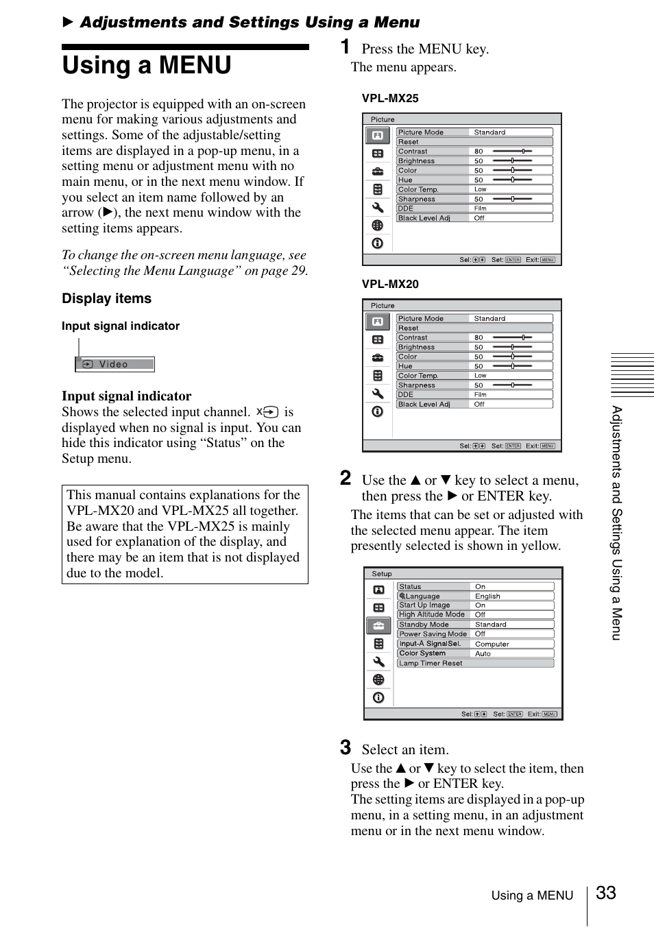 Adjustments and settings using a menu, Using a menu | Sony Data Projector VPL-MX20 User Manual | Page 33 / 68