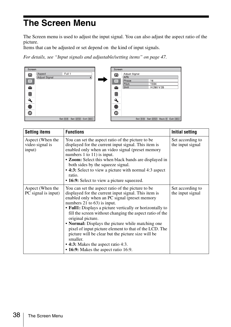 The screen menu | Sony Data Projector VPL-MX20 User Manual | Page 38 / 68