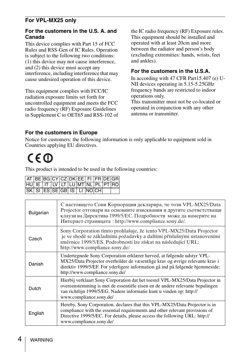 Sony Data Projector VPL-MX20 User Manual | Page 4 / 68